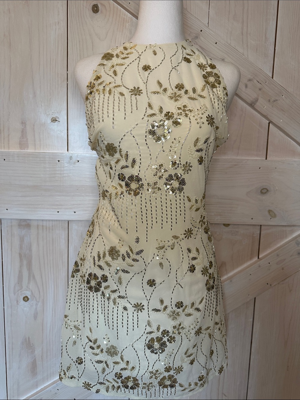 Cream off White Halter Sequin Floral Mini Dress size small